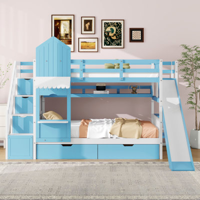 Lit superposé simple au-dessus d'un lit simple de style château avec glissière et escalier de rangement, lit superposé avec 2 tiroirs et 3 tablettes