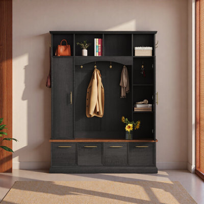 4-IN-1 Elegant 59" Wide Hall Tree With Golden Hooks & Handles, Practical Entryway Walnut Bench With Adjustable Shelves, 76.7"H Farmhouse Wooden Style
