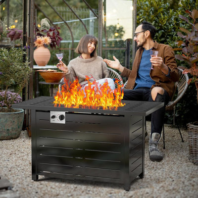 Table foyer au propane 43 po 3-en-1 à usages multiples 43 po, foyer carré au gaz 50 000 BTU avec couvercle et pierres de verre bleu, plateau de table en acier, flamme réglable - idéale pour les patios, les cours arrière et les rassemblements extérieurs