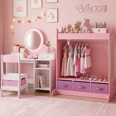 Armoire pour enfants de 34 po de largeur et ensemble de chaises de coiffeuse 2 en 1 pour tout-petits