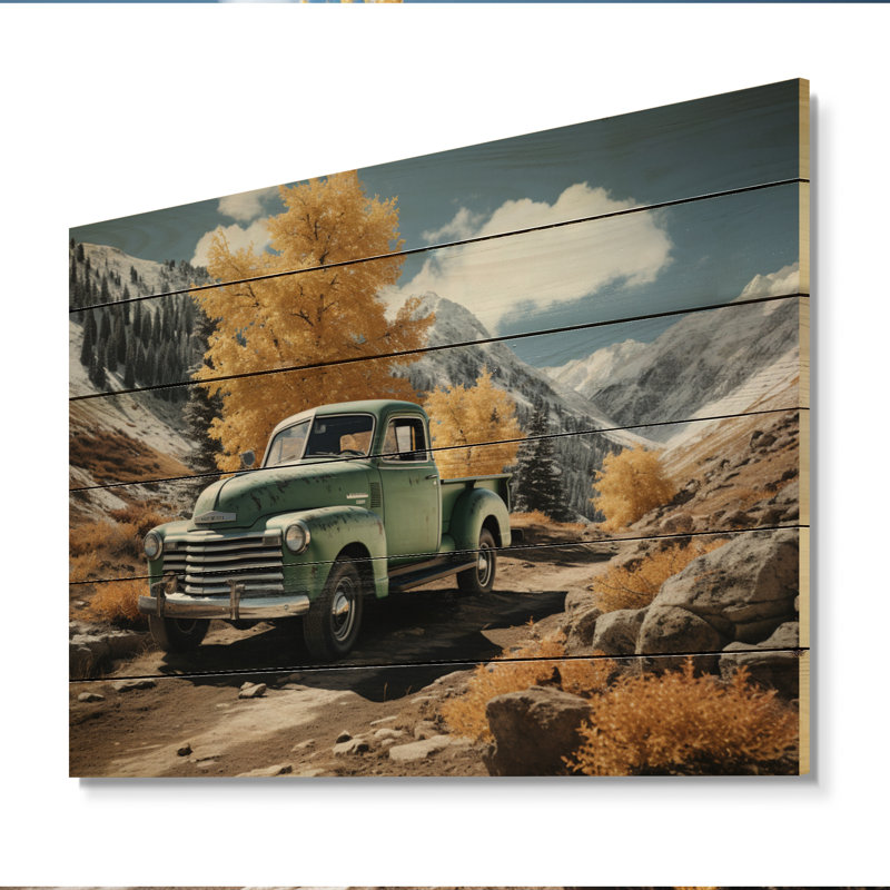 Camionnette verte, paysage, aventuriers sur bois, H 24 po x l 32 po x P 0,78 po