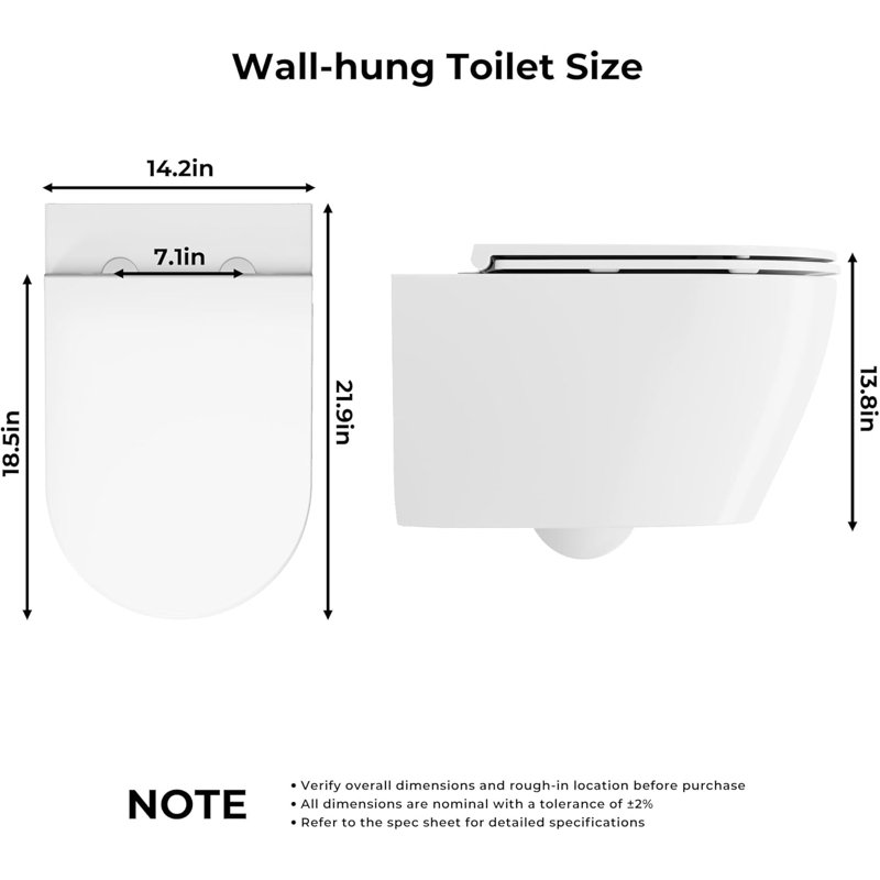 Wall Hung Toilet, Comfort Height One-Piece Toilet with Soft Closing Seat, Ultra-Thin Cover, Space-Saving Tankless Design, Ideal for Contemporary Bathrooms, White (Full Flat Toilet Seat)