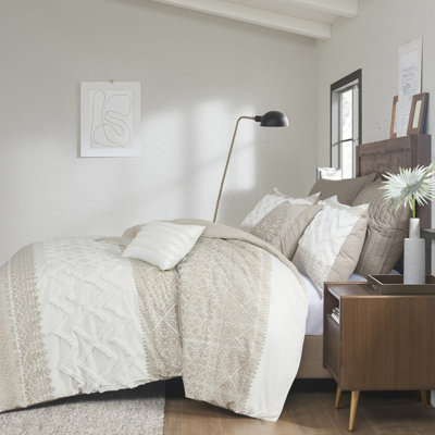 Housse de couette 3 pièces King/King - Coton, capitonnage chenille, motif, dos taupe uni, fermeture boutonnée en coton et blanc, attaches intérieures aux coins, lavable