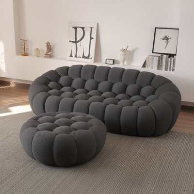 Kayi 98.43" Upholstered 3-seat Pumpkin-shaped Compression Sofa With Ottoman, No Assembly Required