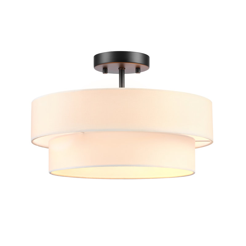 2-Light Matte Black Semi-Flush Mount Ceiling Light with 2-Tier White Linen Shade