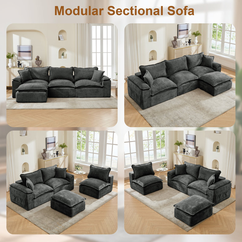 Canapés modulaires, canapé modulaire désossé avec siège profond et coussin moelleux, canapé modulaire confortable avec repose-pieds convertible, aucun assemblage requis