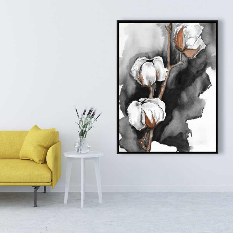 Fleurs de coton sur fond noir, reproduction sur toile, H 48 po x l 36 po