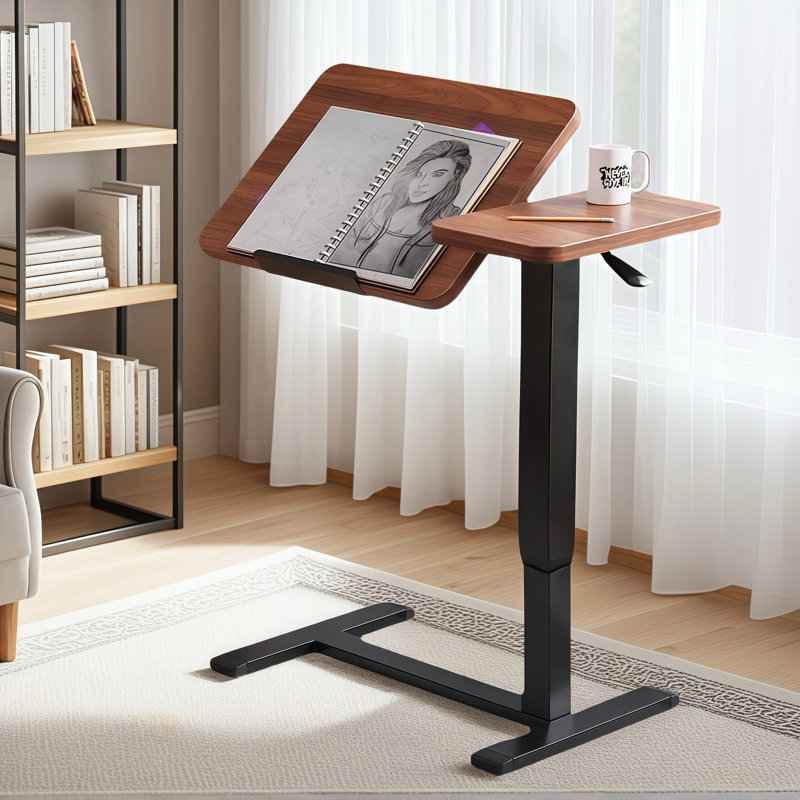 Height Adjustable Overbed Bedside Desk, Mobile Laptop Stand With Tilting Table And Wheels For Sofa Or Bed, Walnut