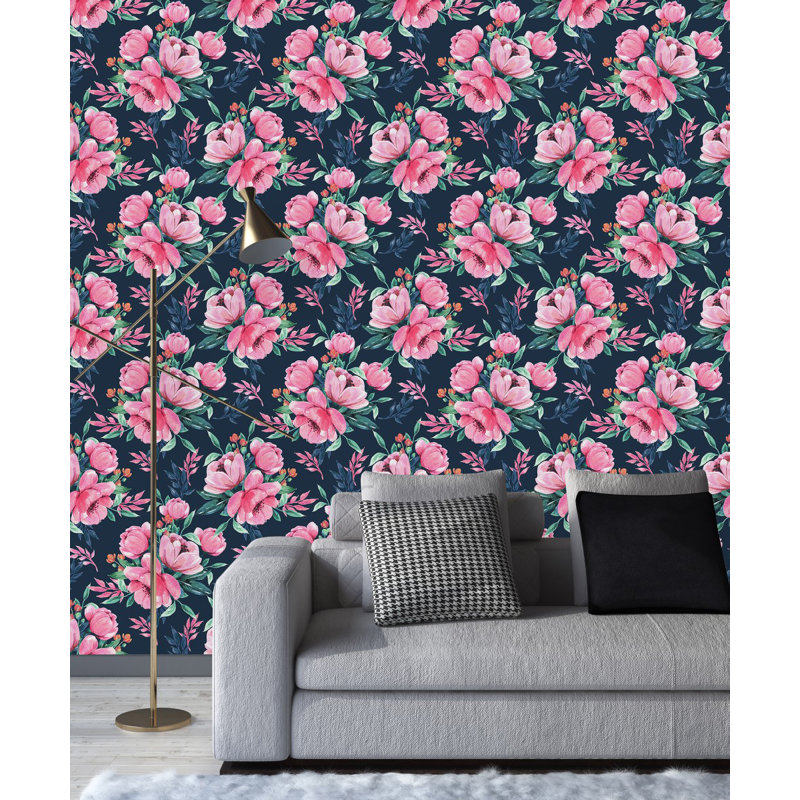 Panneau de papier peint bleu foncé avec fleurs roses L 10,4 pi x l 25 po, L 125 po x l 25 po