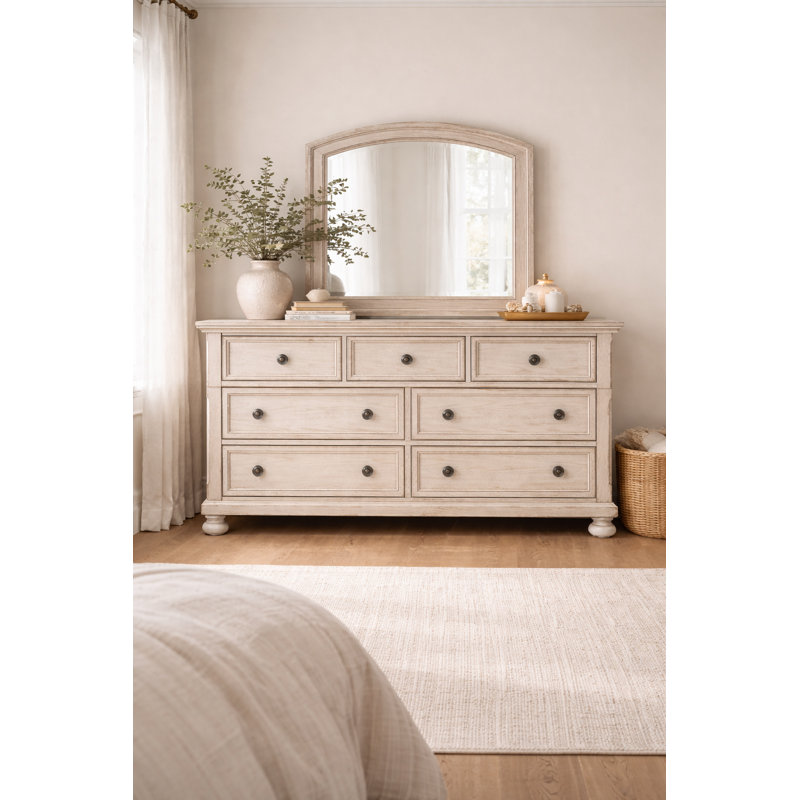 Alek 64.75" W Transitional 7-drawer Solid Wood Dresser & Mirror Set, White
