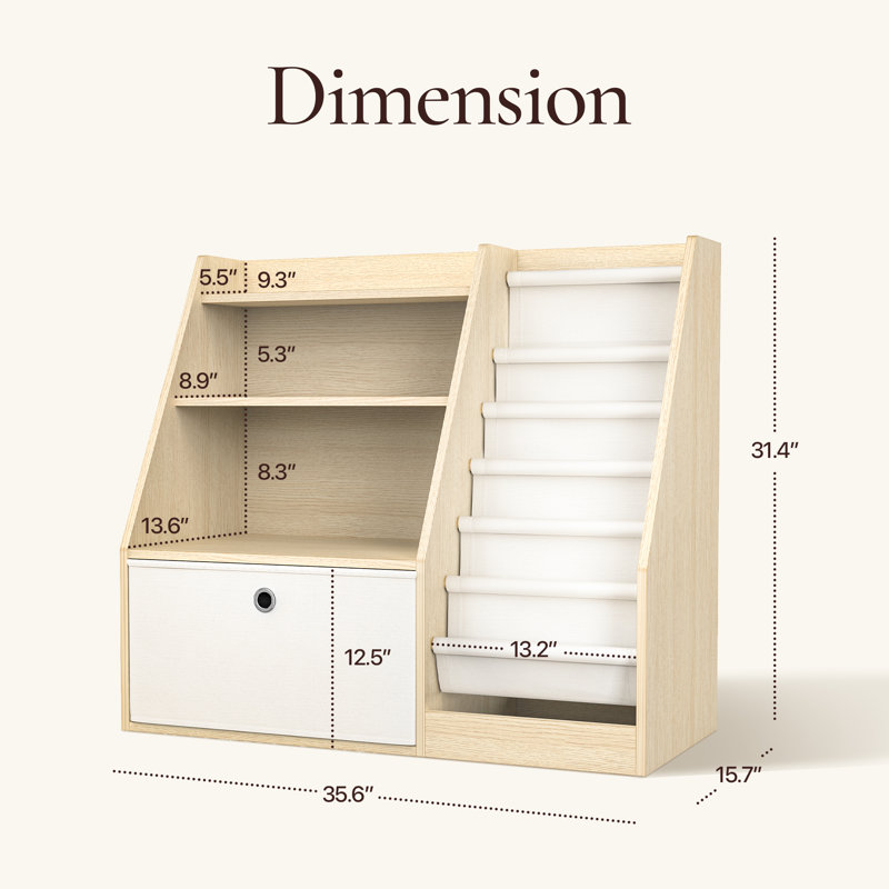Natural Wood 3 - Tier Kids Bookcase with Fabric Slings for Bedroom or Playroom, (3 Shelves) 31.4"H x 35.6"W x 15.7"D, Beige