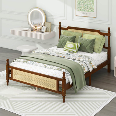 Wood Bed Frame With Rattan Headboard