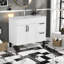 Meuble-lavabo blanc spacieux avec évier, panneau de particules durable, détails noirs modernes pour la salle de bain
