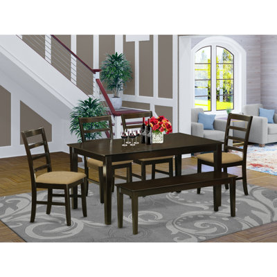 6 Piece Dining Table Set Contains a Rectangle Kitchen Table and 4 Linen Fabric Dining Chairs with a Bench, 36x60 Inch, Cappuccino