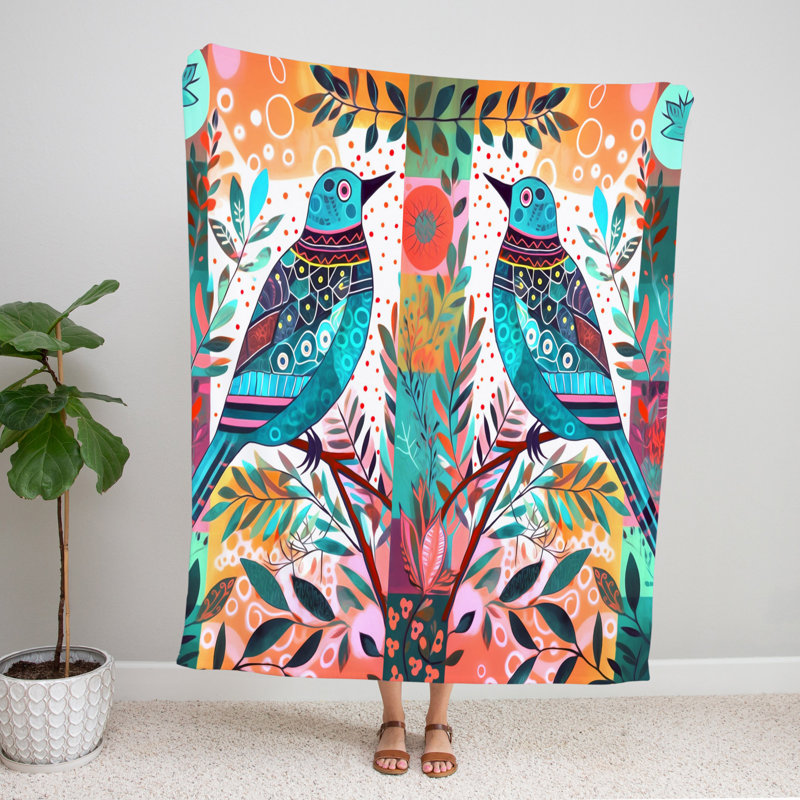 Throw Blanket, 51" W x 60" L, Animal Print/Floral, Blue/Orange/Dark Pink