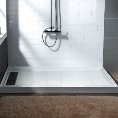 60" x 36" Solid Surface Single Threshold Shower Pan Base with Drain Assembly & Drain Cover Included, Non-Slip