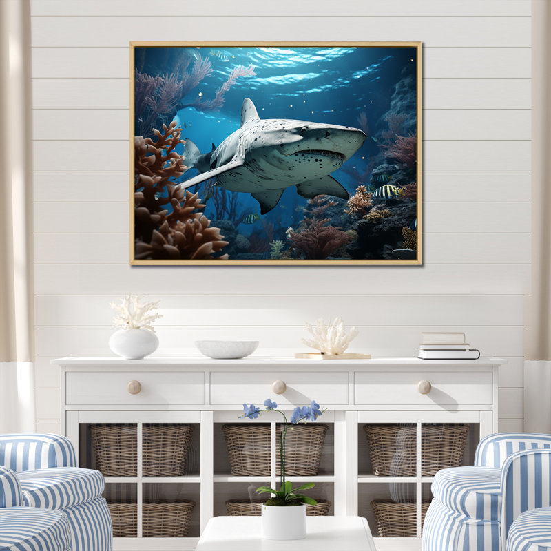 Coral Sharks Ballet - Décoration murale plage et océan, Cadre naturel flottant, H 30 po x l 40 po
