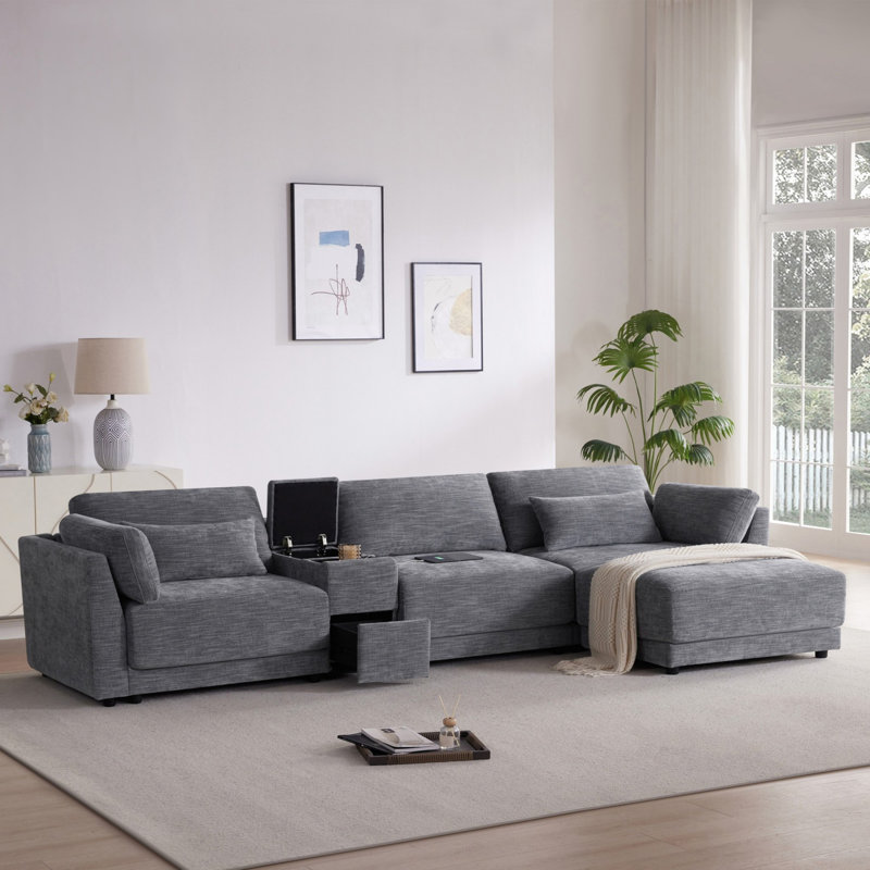 Modular Sectional Sofa with Storage Console and Movable Ottoman, Grey Chenille