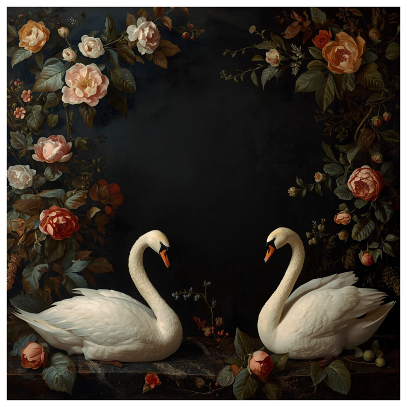 Toile tendue sur fond blanc avec cygnes blancs et roses, 16 x 16 pouces