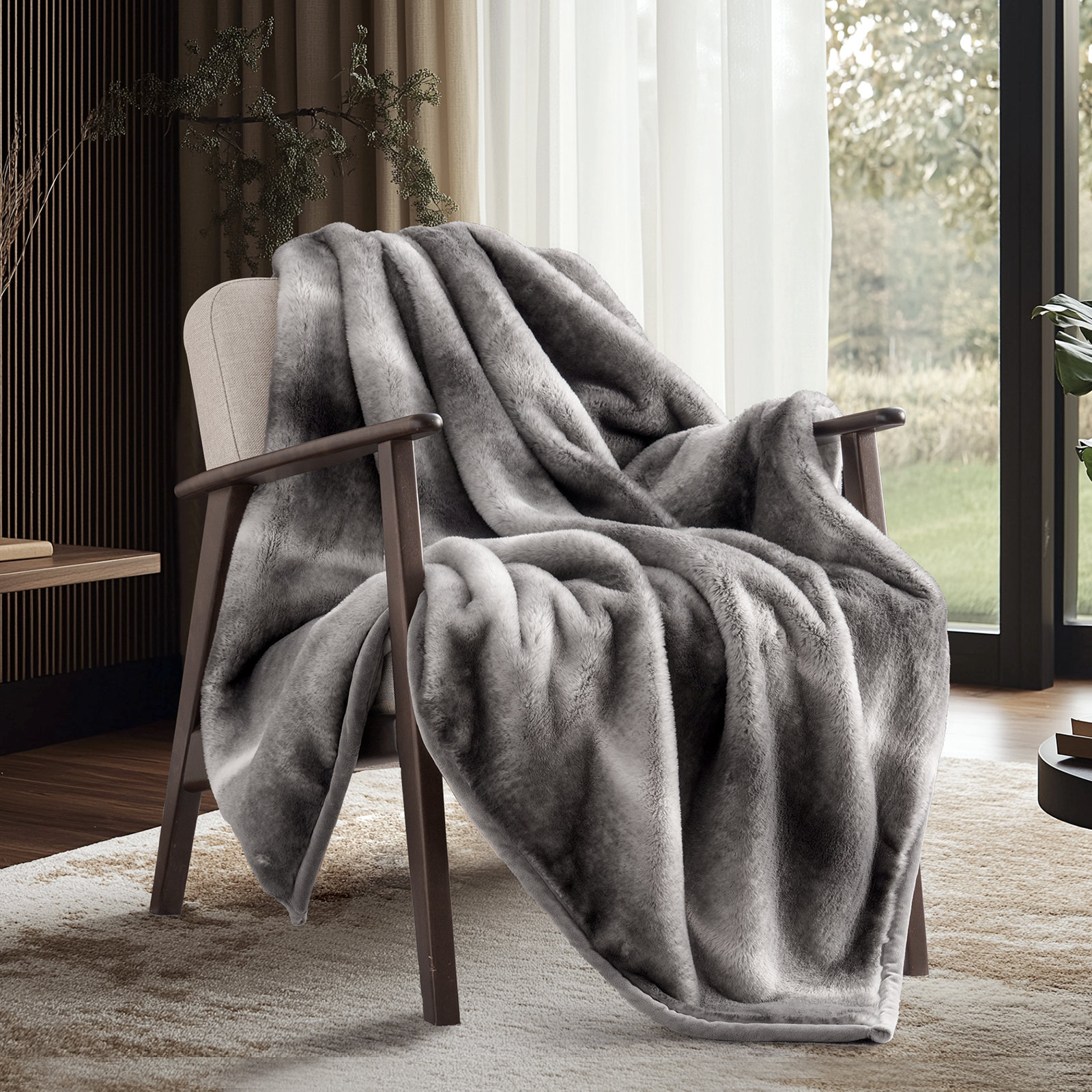 Luxury Mink Faux Fur Throw Blanket, 60" W x 80" L, Ombré Silver Onyx