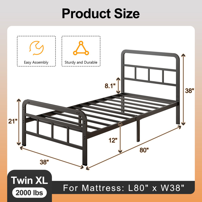 12 Inch Metal Bed Frame with Headboard and Footboard, Twin XL