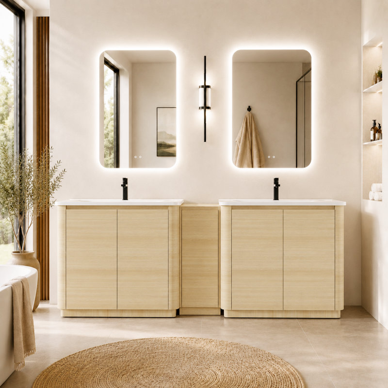 Meuble-lavabo autoportant Willow avec lavabo double en céramique blanche, 92"