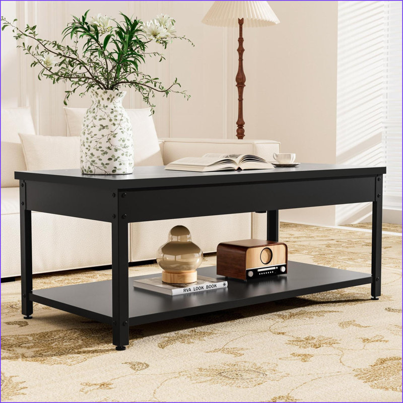 Double couche noire et amp; Table basse en marbre blanc avec rangement caché & amp; Verrou d'empreinte digitale - idéal pour le salon