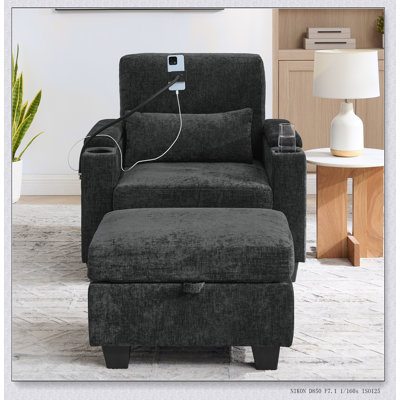 Fauteuil inclinable une place avec dossier réglable manuellement, port USB, support pour téléphone et pouf de rangement dissimulé
