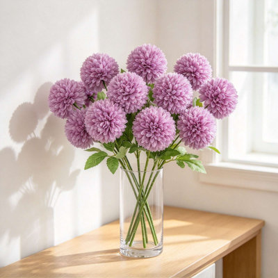 Lot de 12 chrysanthèmes artificiels en pompons, tiges de fleurs en soie avec feuilles vertes, fausses fleurs rondes pour vase, centre de table de mariage et décoration intérieure