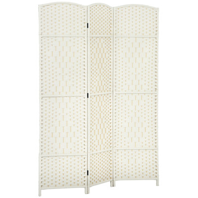 3 Panel Room Divider, 6' Tall Folding Privacy Screen, Hand-Woven Freestanding Wood Partition for Home Office, Bedroom, White