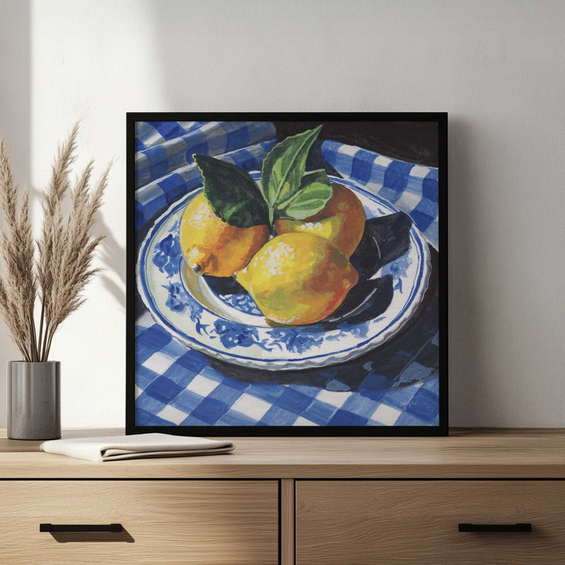 «Lemons on a Blue Table» par Kate Jarvik Birch, reproduction d'art, 30 W x 30 H, Black, Framed Print