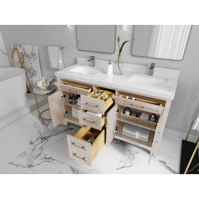 Cambridge 60 In. W X 22 In. D Double Sink Bathroom Vanity In Fine Grain With 2 In. Calacatta Black Quartz