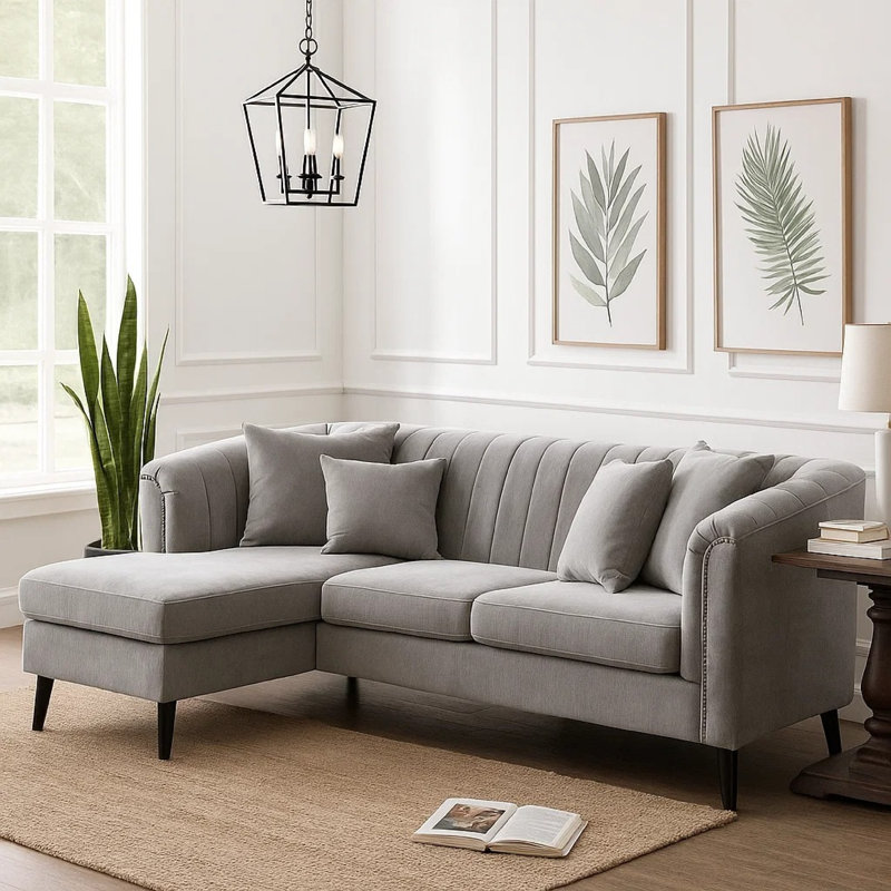 Canapé modulaire en L Willy, 4 coussins, chenille touffetée grise, 99 po
