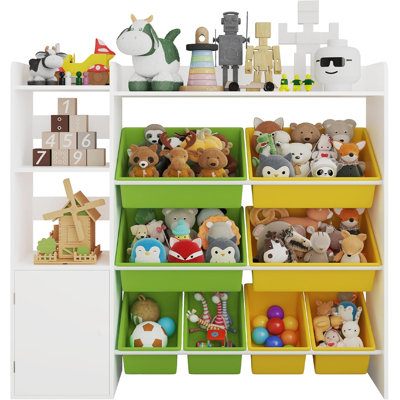 Kids Toy Organizer and Bookshelf – Large 4-Tier Wooden Storage Rack with 8 Removable Bins, 3 Cubbies & Shelves – For Playroom, Bedroom, Nursery, Study Area – White Theme + Yellow & Green Frames