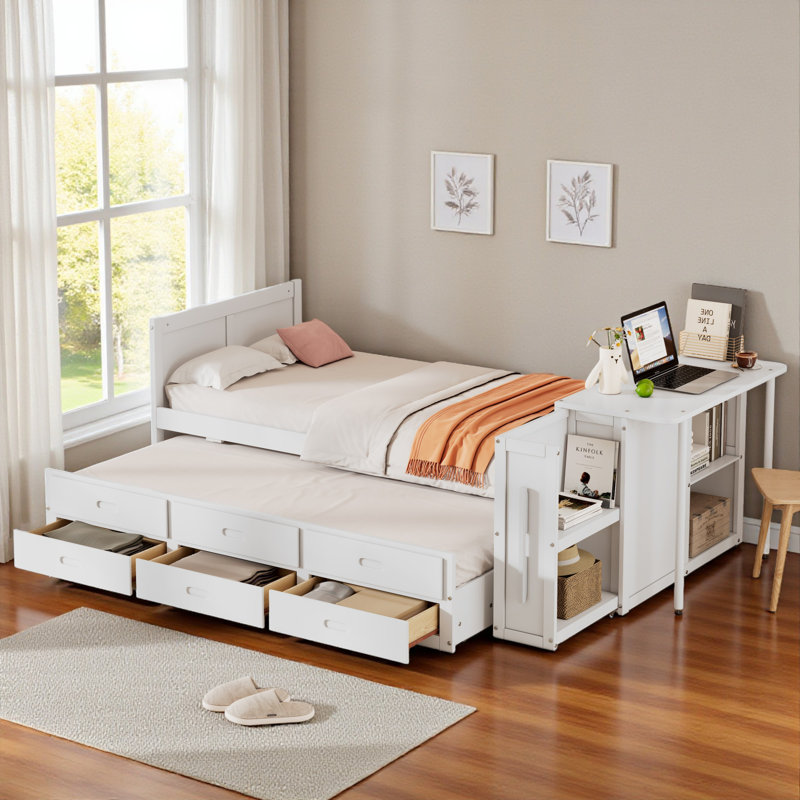 Lit plateforme multifonctionnel en bois avec bureau et tablettes de rangement, lit gigogne intégré et 3 tiroirs, Blanc