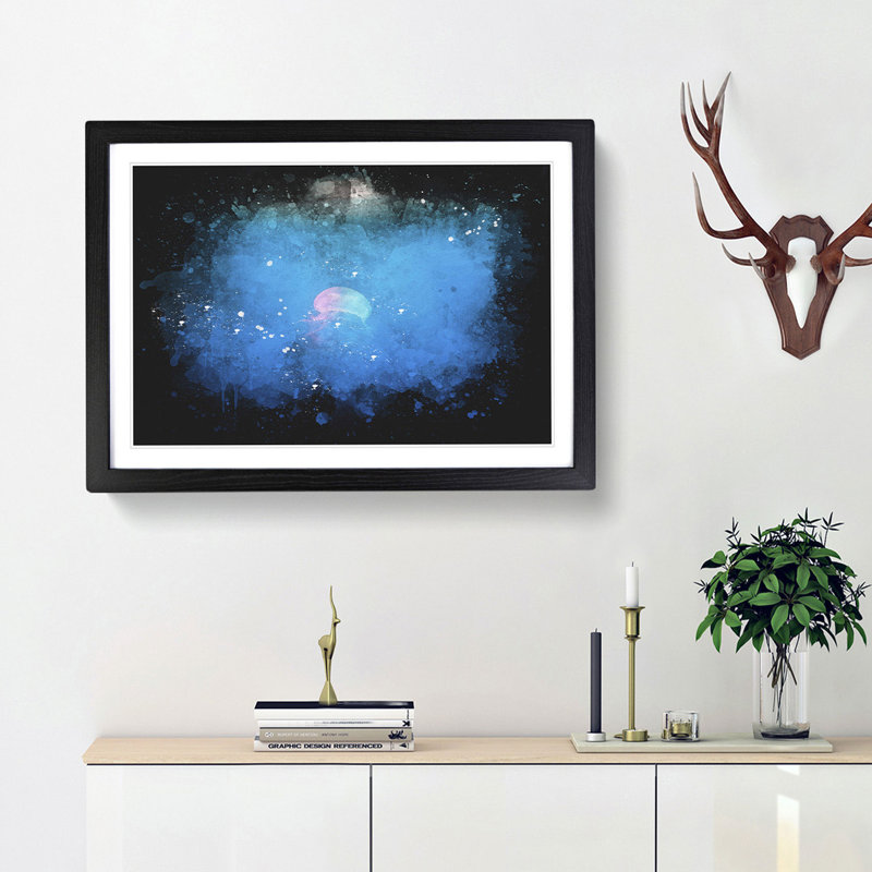 Jellyfish In Pink & Blue With Sunlight Paint Splash - Picture Frame Graphic Art, Black Framed, 62cm H x 87cm W x 2cm D