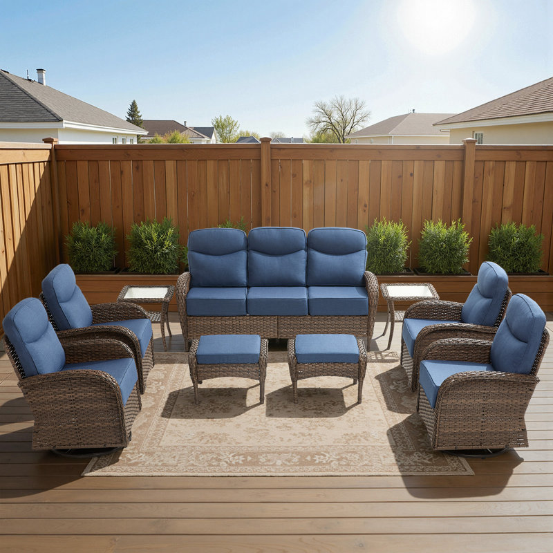 9 - Person Outdoor Wicker Furniture Conversation Patio Set With Plush 6" Cushions, All-Weather Comfort, Blue