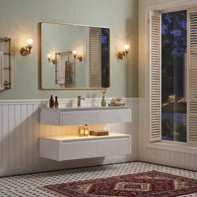 Meuble-lavabo suspendu de 122 cm (L) x 53 cm (P) avec comptoir en pierre, éclairage DEL intégré, design cannelé à deux niveaux, tiroirs à fermeture amortie, blanc