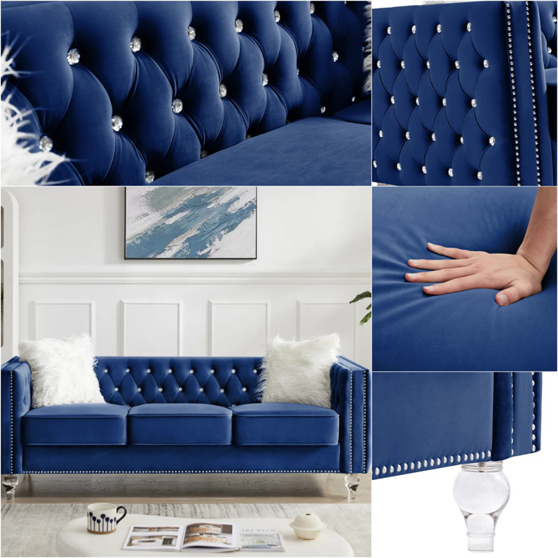 83" Velvet Sofa Couch, 3-Person Cushion Seat, Square Arm Sofa with 2 Pillows, Blue