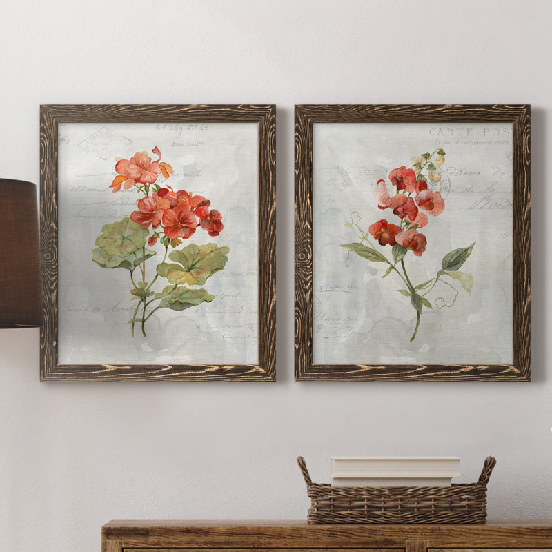 Lin géranium - ensemble de 2 reproductions d'art, H 24 po x l 36 po x P 1,5 po, Toile avec cadre en noyer, Pas de tapis