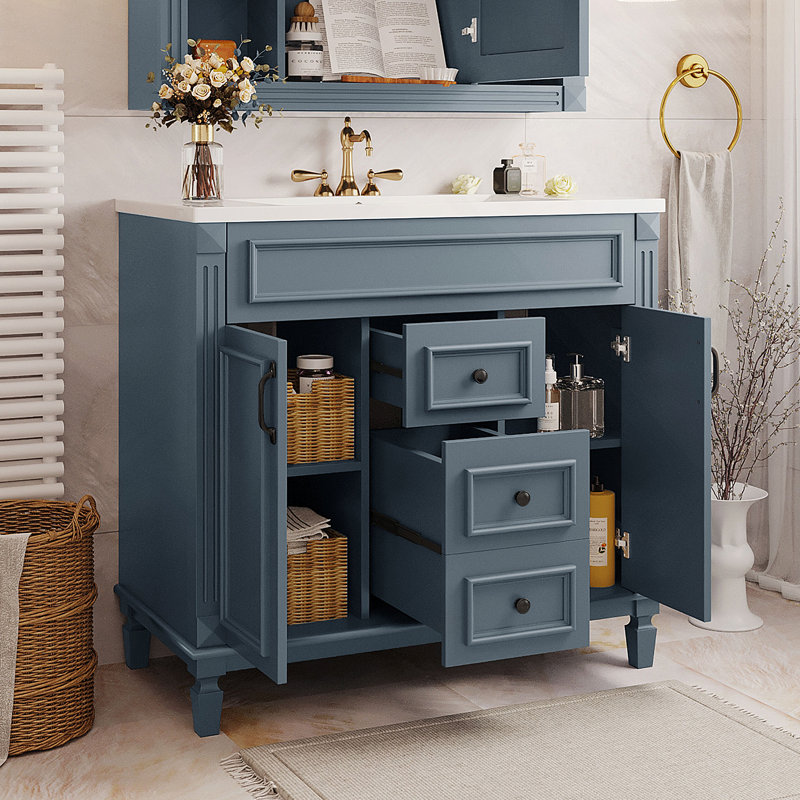 Meuble-lavabo 36 po avec lavabo supérieur, armoire de rangement moderne avec 2 portes à fermeture douce et 2 tiroirs, meuble-lavabo simple