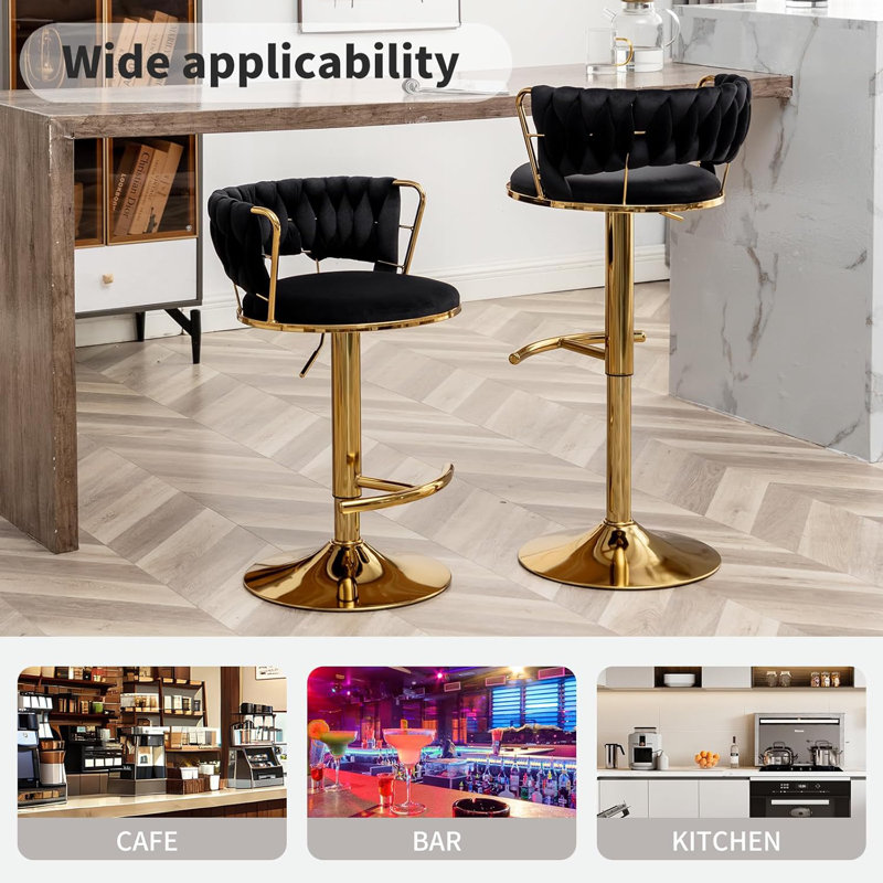 Swivel Bar Stools Set Of 4, Counter Height Bar Stools With Low Back, Velvet Adjustable Height Barstools, Gold Bar Stools For Kitchen Island, Pub