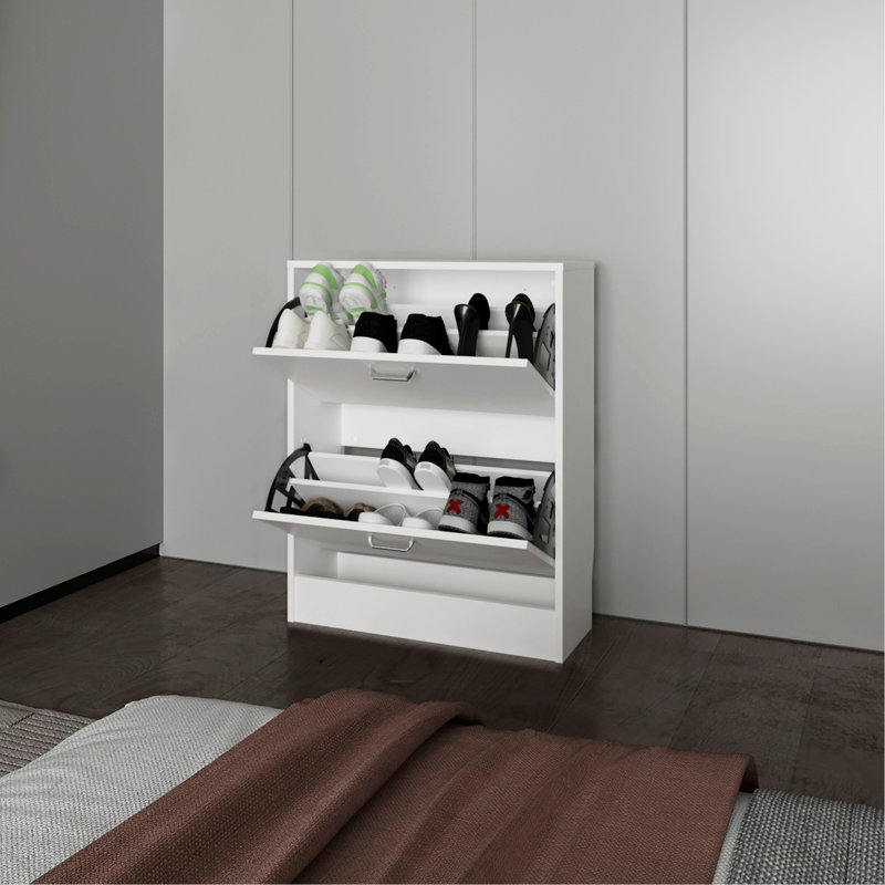 Armoire à chaussures Ozzy, 2 portes basculantes, conception mince, supports internes, style moderne, blanc, White
