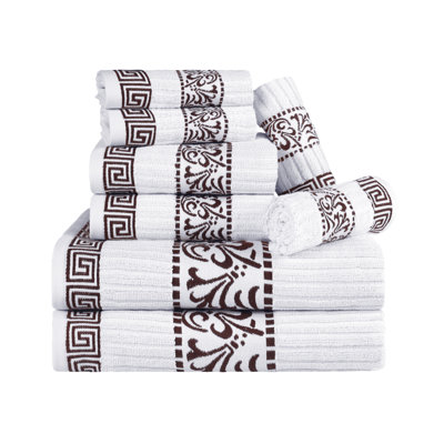 Athens Cotton Medium Weight Floral Border Greek Key Trim 8 Piece Assorted Towel Set by 
