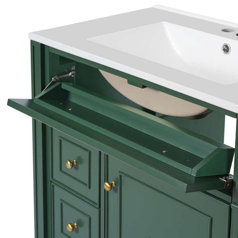 Meuble-lavabo de 30 pouces avec lavabo en céramique, Vert, Doré