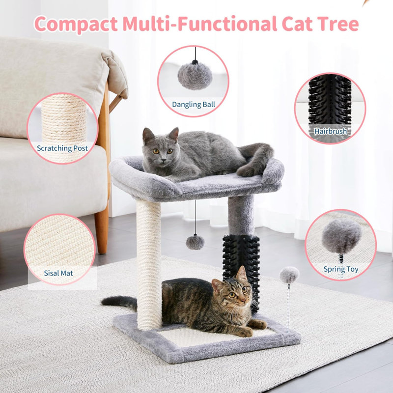 20" Gray Sisal Cat Tree Tower with Plush Perch and Groomer