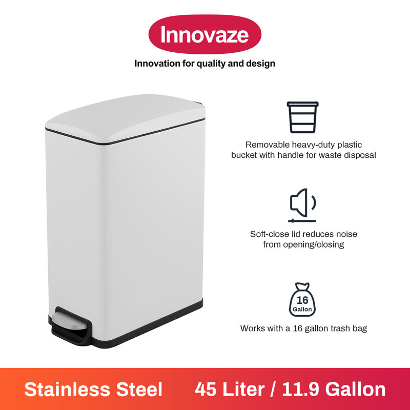 Poubelle de cuisine à pédale mince en acier inoxydable 12,9 gallons par Innovaze, Blanc