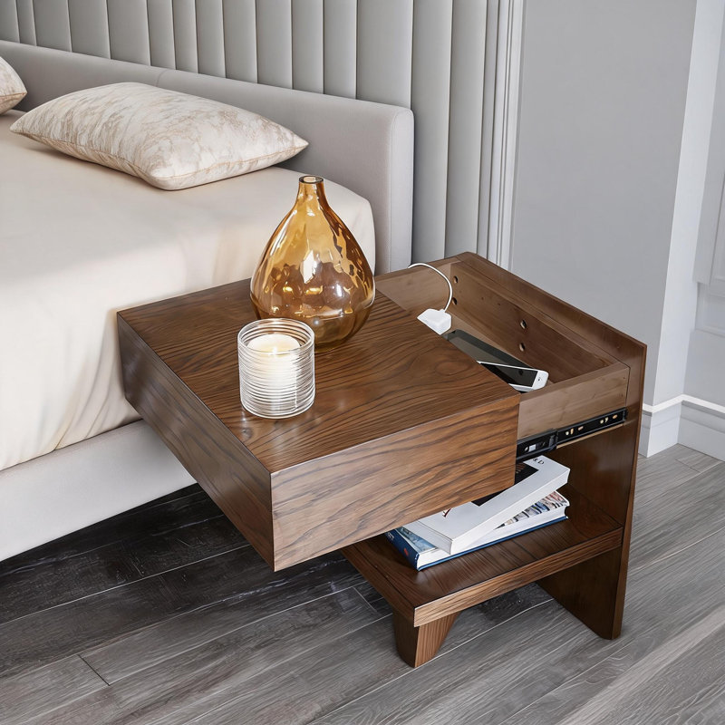 Low Profile Solid Wood Queen Platform Bed with Two Attached Nightstands, No Box Spring Required for Bedroom