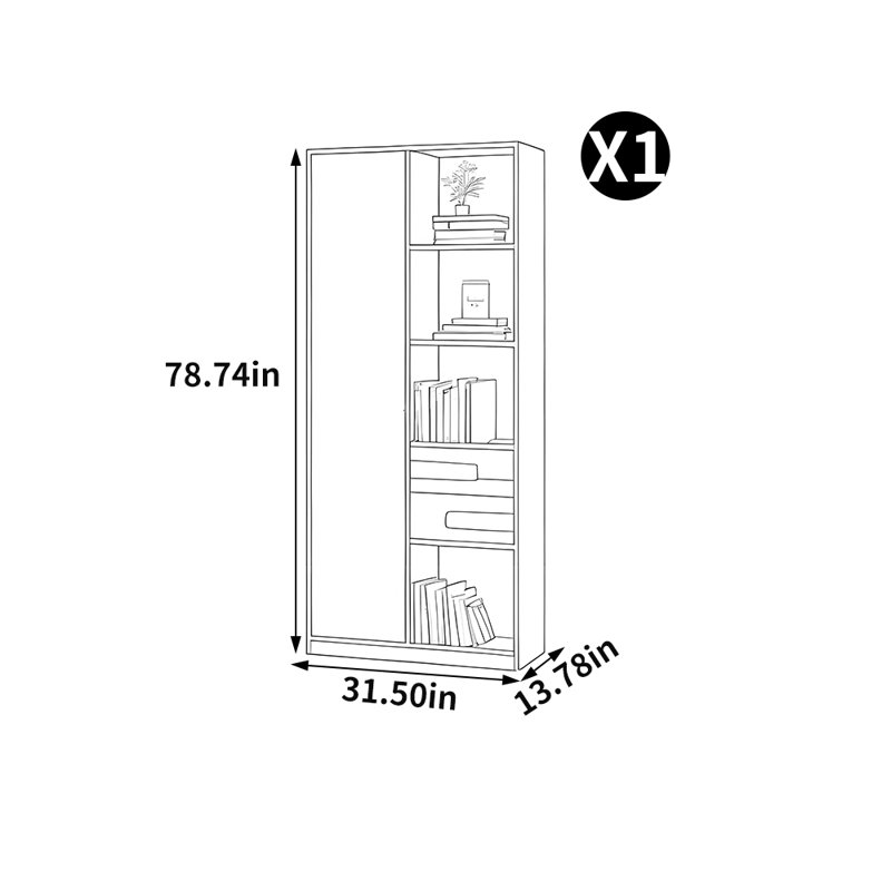 Bibliothèque de rangement de style chinois, Gris, (8 tablettes) H 78,74 po x l 31,5 po x P 13,78 po