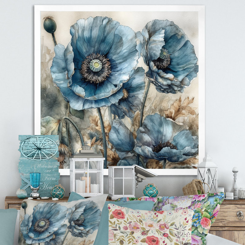«Blue Poppy Serenity» sur impression sur toile, Cadre simple blanc, H 36 po x l 36 po x P 1,5 po